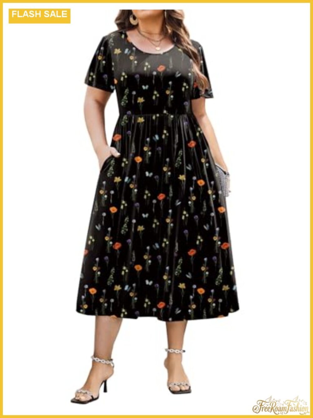 Plus Size Short Sleeve Midi Dress with Pockets Floral Boho Summer Casual